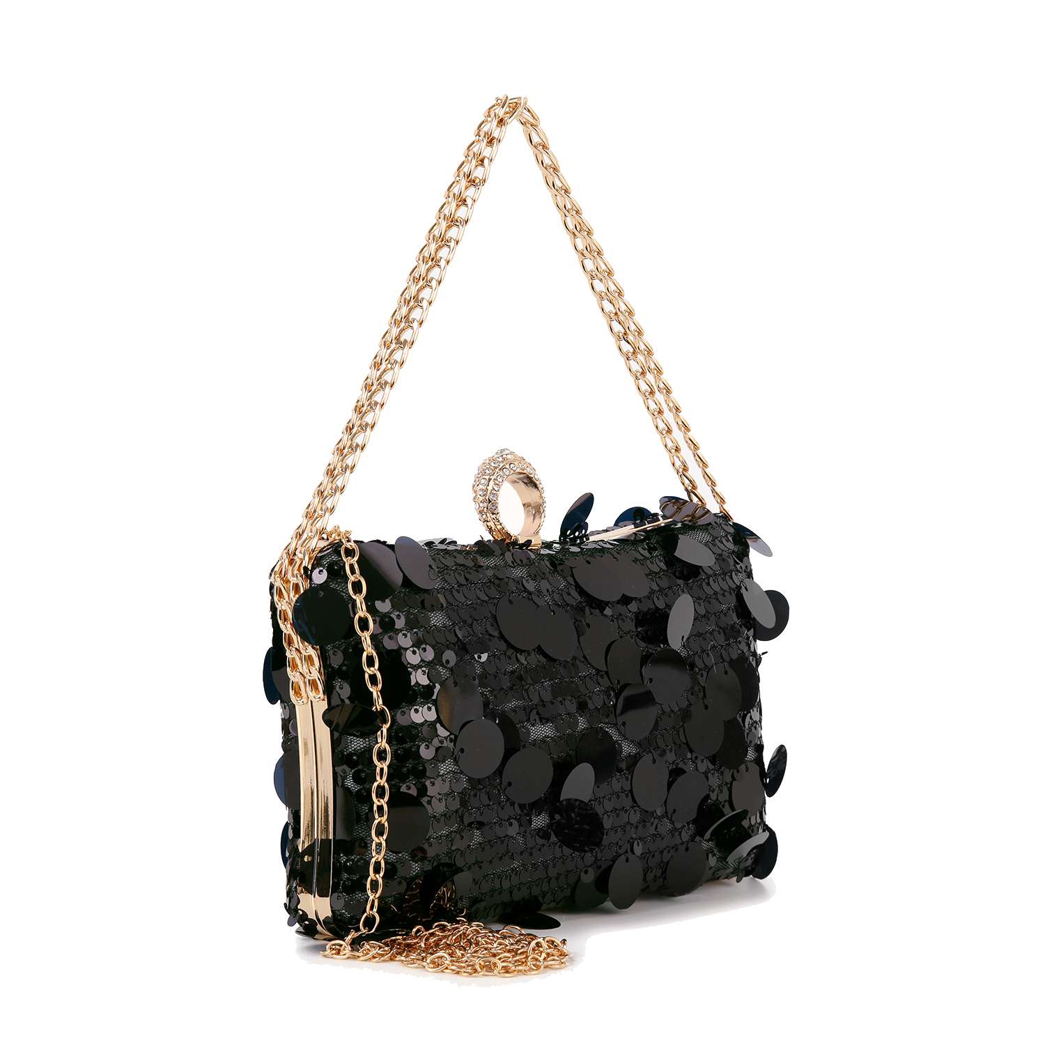 The Sequin Design Evening Bag is a black rectangular bag adorned with shiny sequins, a gold metal frame, rhinestone clasp, and an elegant gold chain strap—ideal as your stylish evening accessory.