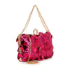 The Sequin Design Evening Bag is a small, rectangular pink evening bag with shiny pink disc sequins, a gold chain strap, and a rhinestone-adorned clasp.