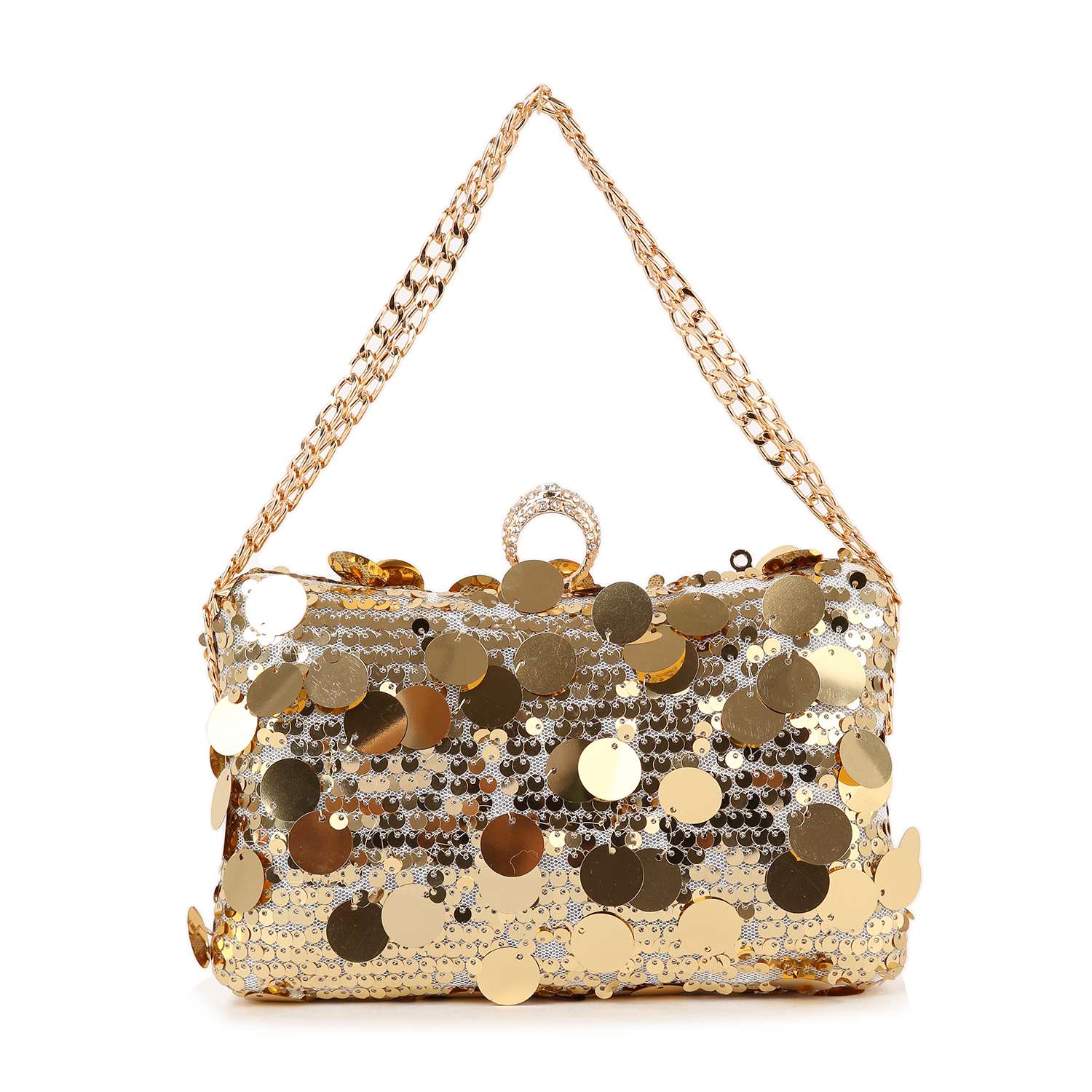 The Sequin Design Evening Bag is a small rectangular clutch adorned with gold sequins and discs, featuring a decorative clasp and a gold chain strap—ideal for adding elegance to any evening outfit.