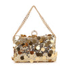 The Sequin Design Evening Bag is a small rectangular clutch adorned with gold sequins and discs, featuring a decorative clasp and a gold chain strap—ideal for adding elegance to any evening outfit.