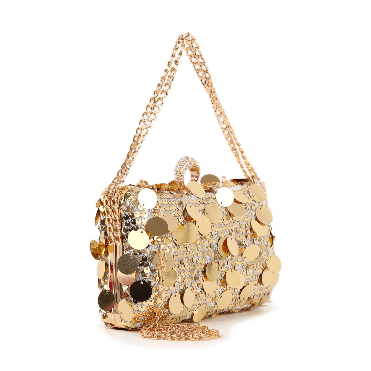 The Sequin Design Evening Bag is a small rectangular bag with a gold chain strap, shimmering gold disc embellishments, and crystal-accented clasp—an eye-catching accessory to elevate any night-out ensemble.