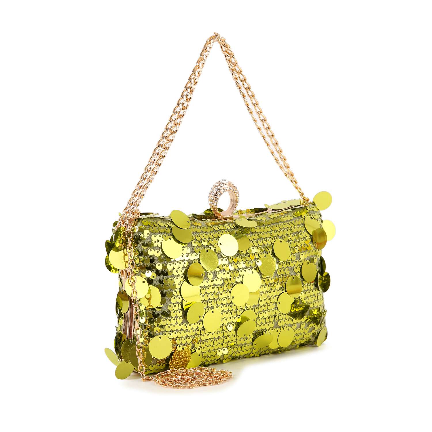 The Sequin Design Evening Bag is a shiny yellow evening bag with large sequins, a gold chain strap, and a jeweled clasp on top.