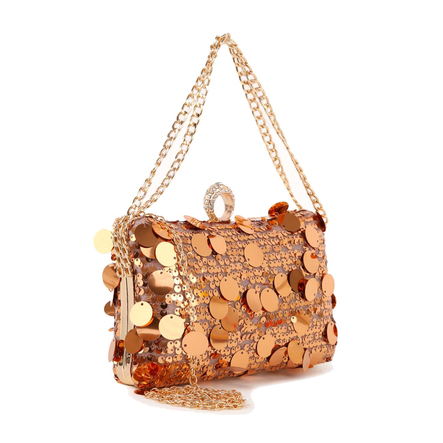 The Sequin Design Evening Bag is a small rectangular evening bag adorned with shiny gold sequins and large gold discs, featuring a gold chain strap and a decorative top clasp.