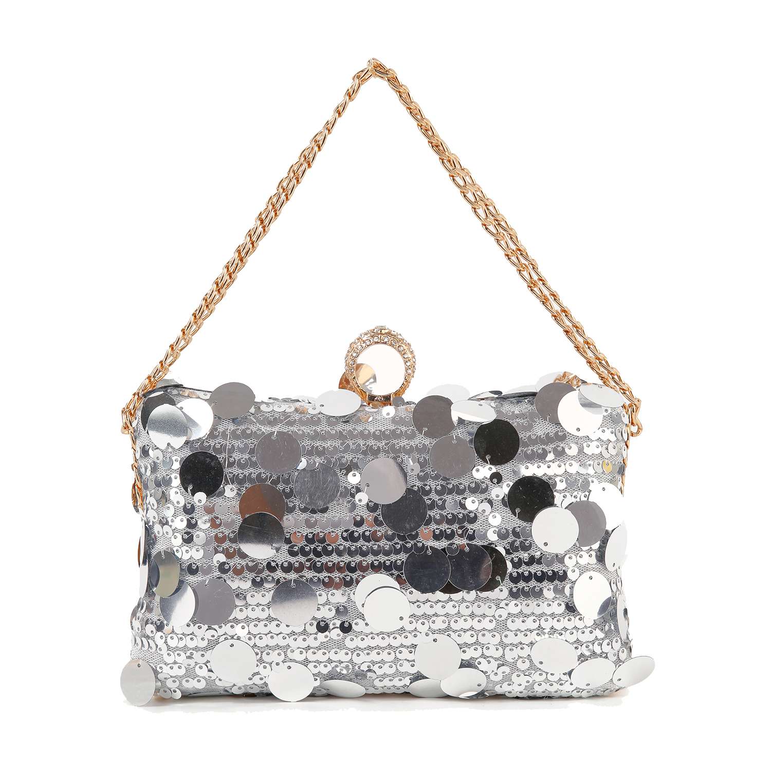 The Sequin Design Evening Bag features a rectangular shape with large silver sequin discs, a gold chain strap, and a decorative circular clasp—perfect for adding sparkle to your night out.