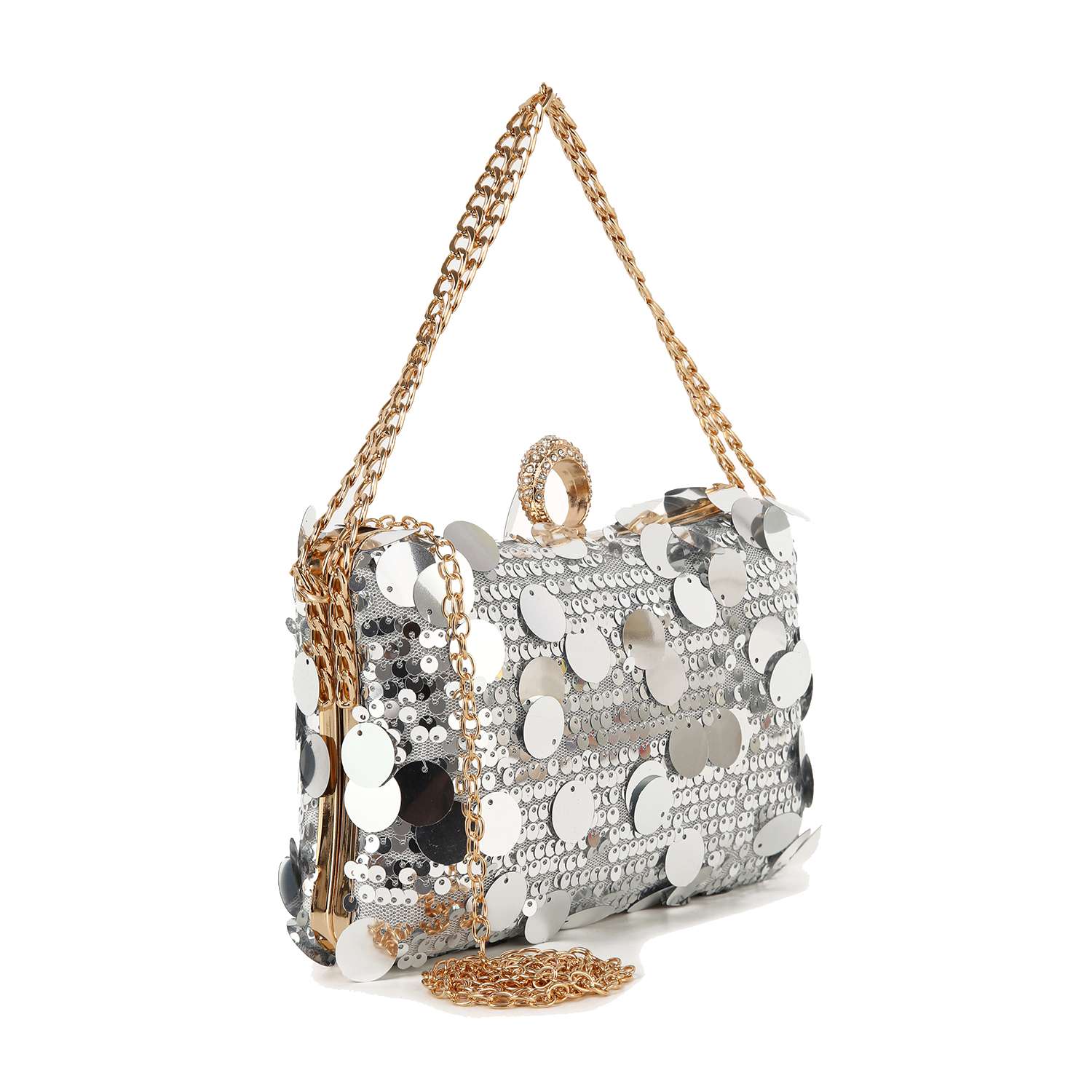 The Sequin Design Evening Bag is a small rectangular bag covered in large silver sequins and beads, featuring a gold chain strap and a rhinestone-adorned loop handle.