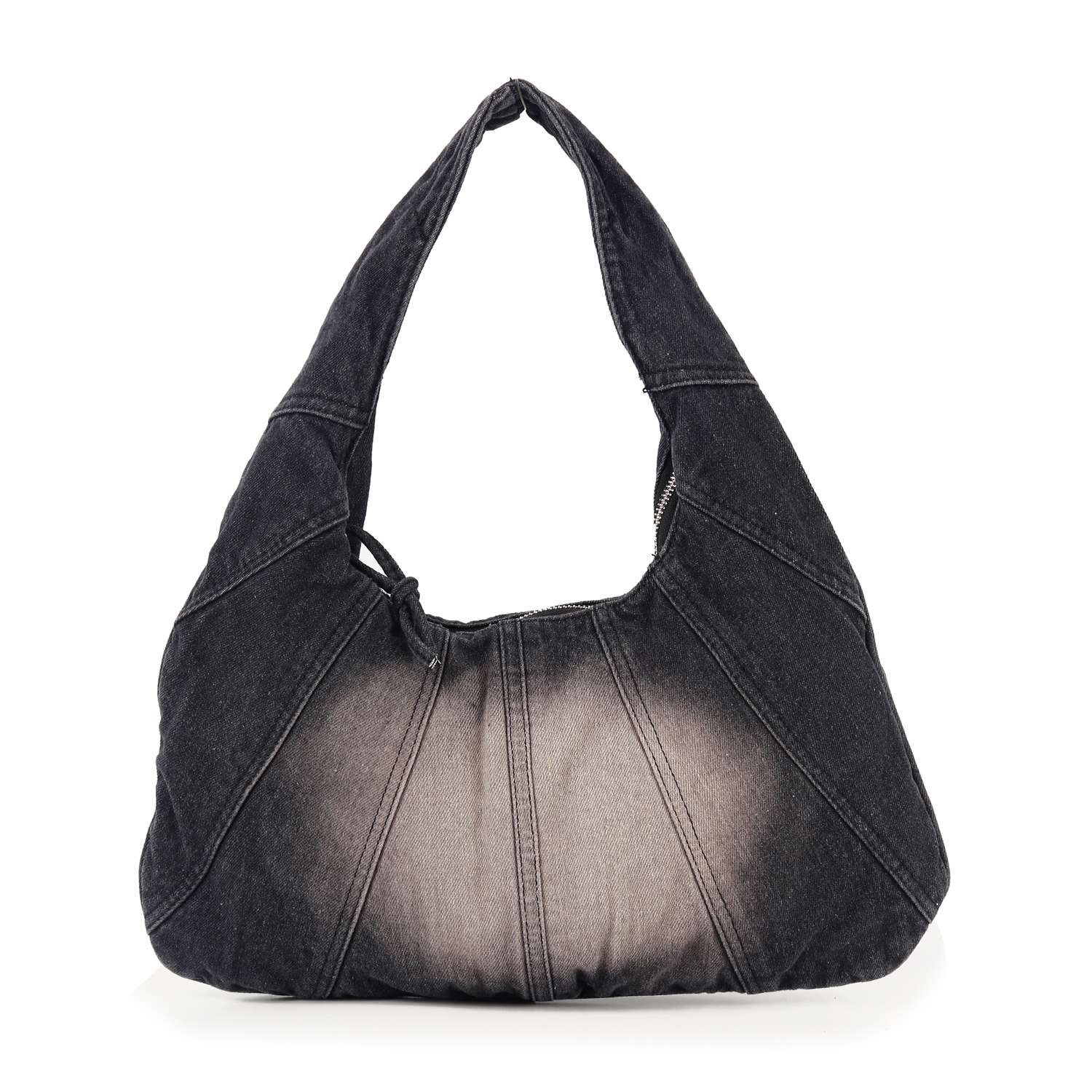 The Distressed Denim Hobo Handbag is a black denim bag with a faded center, wide strap, and tablet compatibility, shown on a white background.