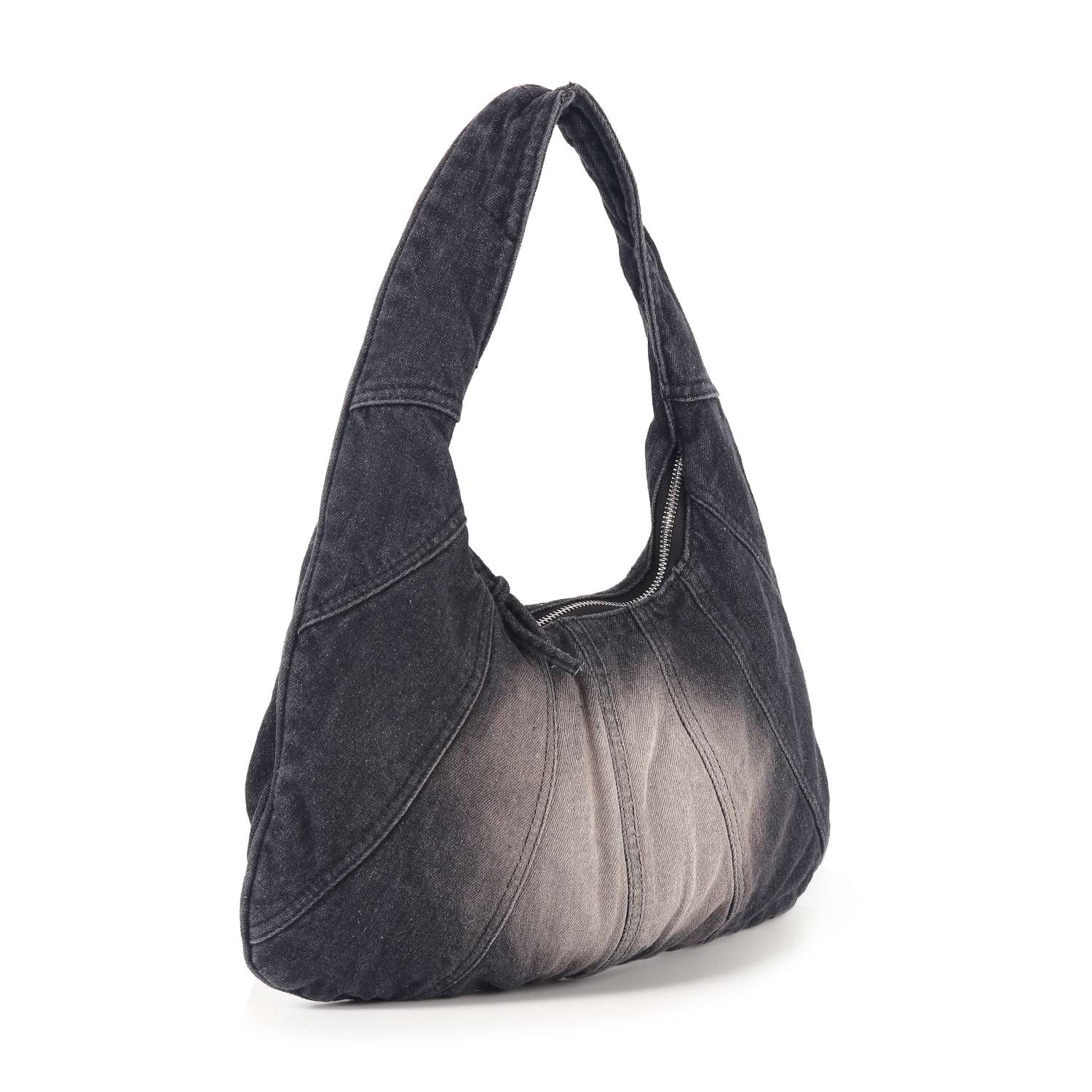The Distressed Denim Hobo Handbag features a black and gray design, soft rounded shape, tablet compatibility, zip closure, and a faded gradient effect at the bottom front.