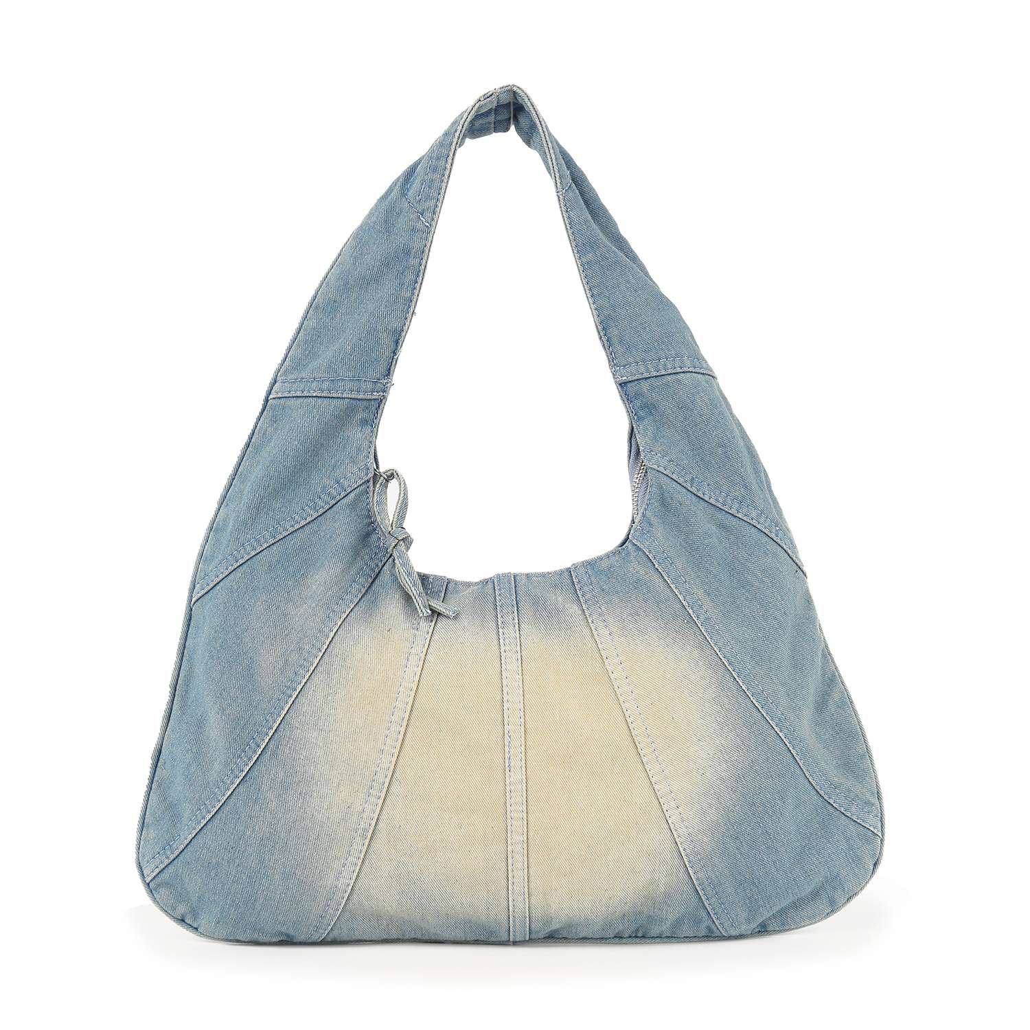 The Distressed Denim Hobo Handbag is a light blue, wide crescent-shaped shoulder bag with prominent stitched panels, a faded center, tablet-friendly design, decorative handle bow, and practical everyday style.