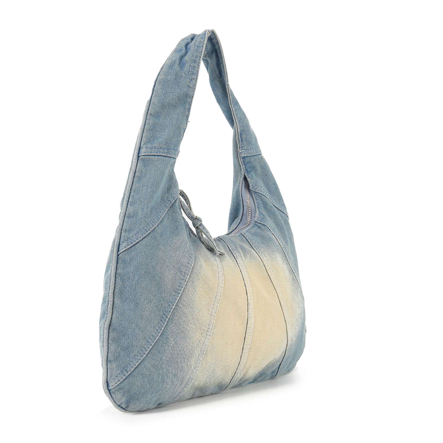 The Distressed Denim Hobo Handbag is a curved, patchwork denim shoulder bag with a faded light front, visible seam stitching, wide strap, and is tablet compatible—combining style with practical everyday use.