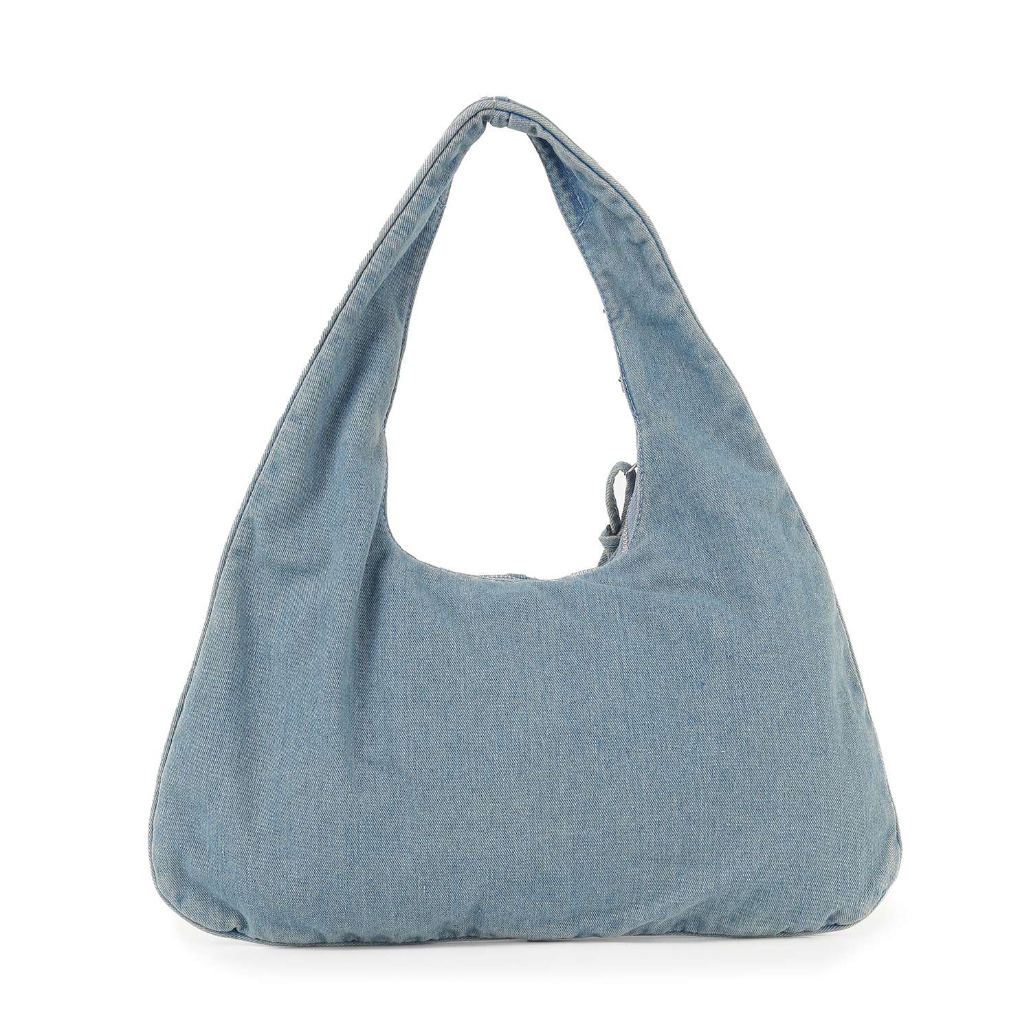 The Distressed Denim Hobo Handbag is a light blue triangular shoulder bag with a wide base, single thick strap, soft unstructured design, tablet compatibility, and an effortlessly stylish look without visible hardware or embellishments.