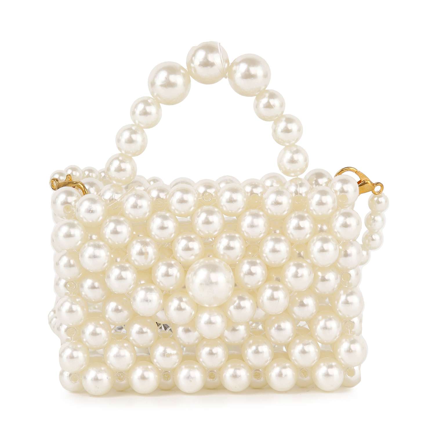 The Ultra Petite Pearl Evening Bag is a small, rectangular handbag made of shiny white imitation pearls with a pearl handle and elegant gold accents on the sides.