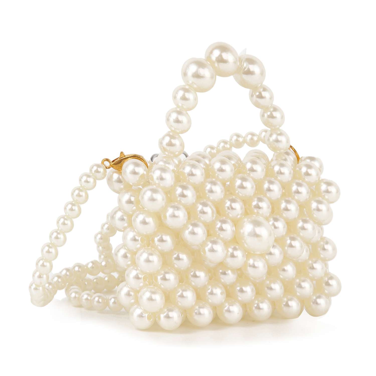 The Ultra Petite Pearl Evening Bag is a small handbag made of glossy white faux pearls with gold hardware, featuring a beaded handle and crossbody strap for versatile wear.