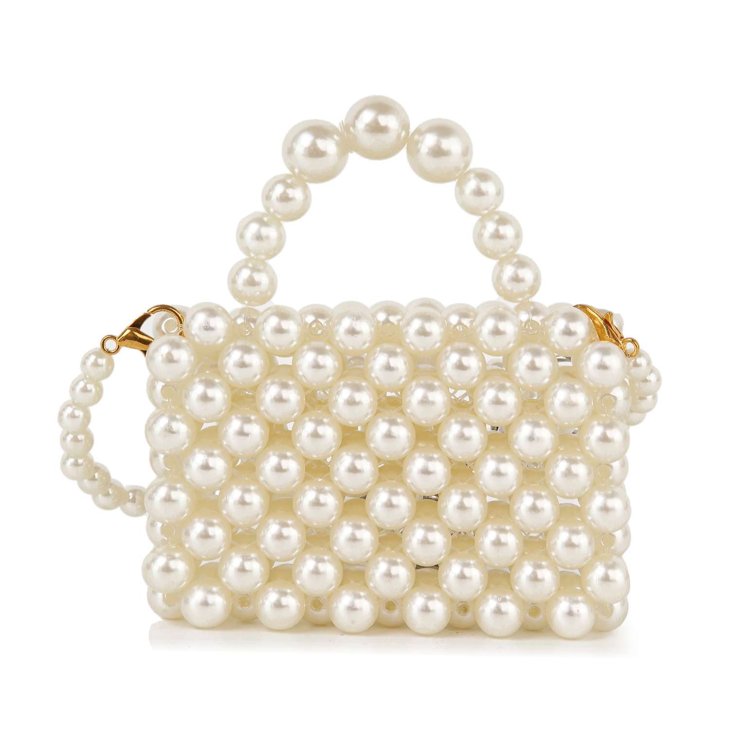 The Ultra Petite Pearl Evening Bag is crafted from large, glossy white pearls with gold hardware, a pearl handle, and a detachable strap, displayed on a plain white background.
