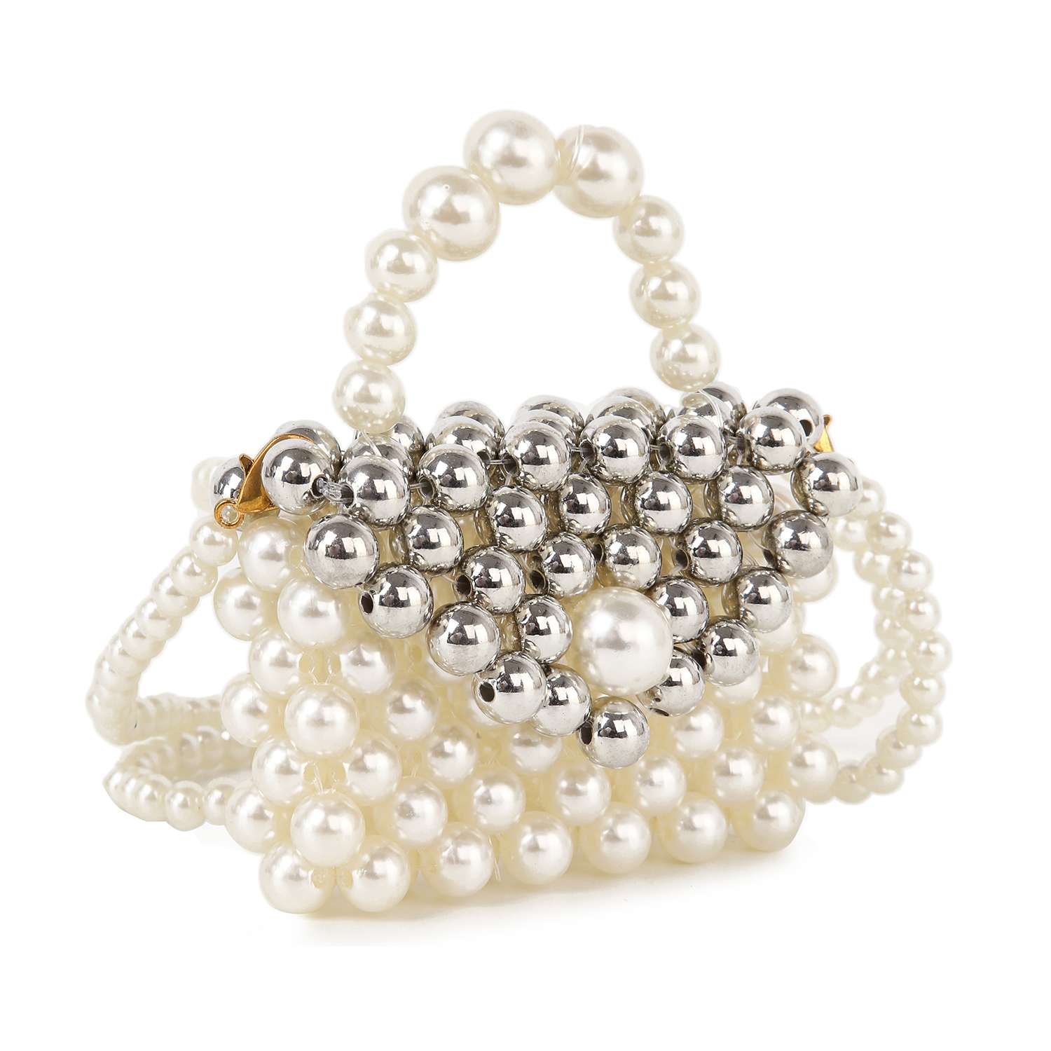 The Ultra Petite Pearl Evening Bag is a small white and silver beaded bag with a beaded top handle, shoulder strap, and a decorative large pearl accent on the front flap.
