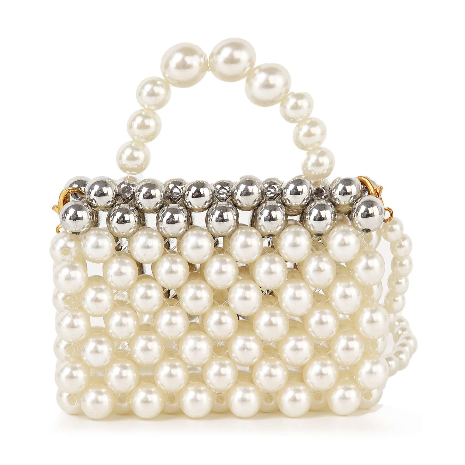 The Ultra Petite Pearl Evening Bag is crafted from large, glossy white and silver pearls with a chic grid design. It features a pearl handle and includes a stylish pearl strap for versatile, elegant wear.