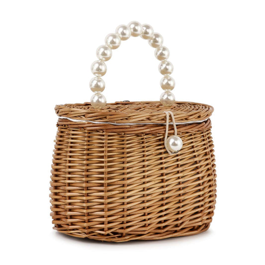 Pearl Handle Straw Tote Bag