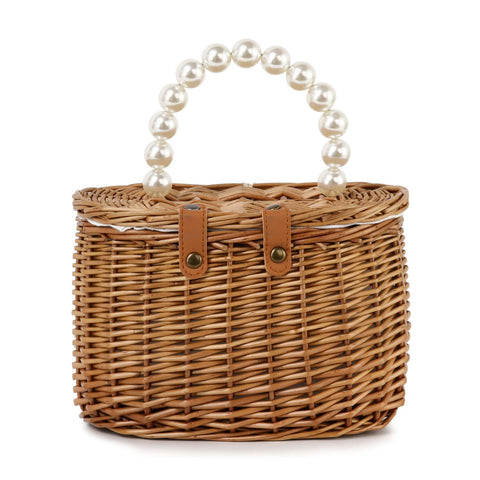 Pearl Handle Straw Tote Bag