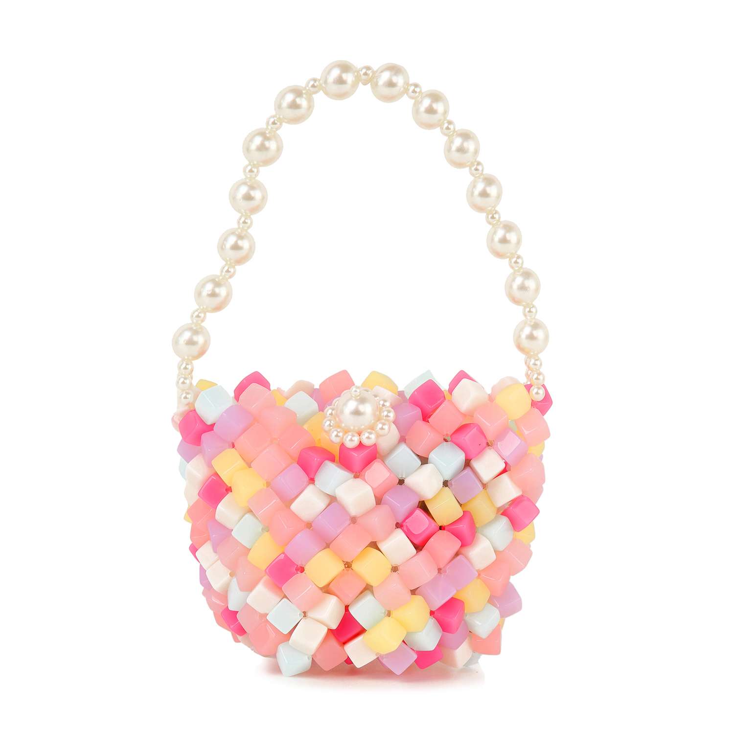 The Acrylic Beaded Colorful Evening Bag is a small handbag with pink, yellow, white, and pastel acrylic beads, pearl beaded accents, a pearl handle, and a decorative pearl flower on the front.