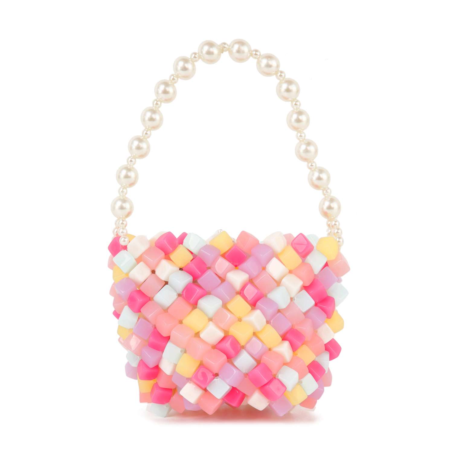 The Acrylic Beaded Colorful Evening Bag features a single handle made of large white pearls and a crisscross pattern of pastel pink, yellow, white, and light blue acrylic beads for a playful yet chic accent.