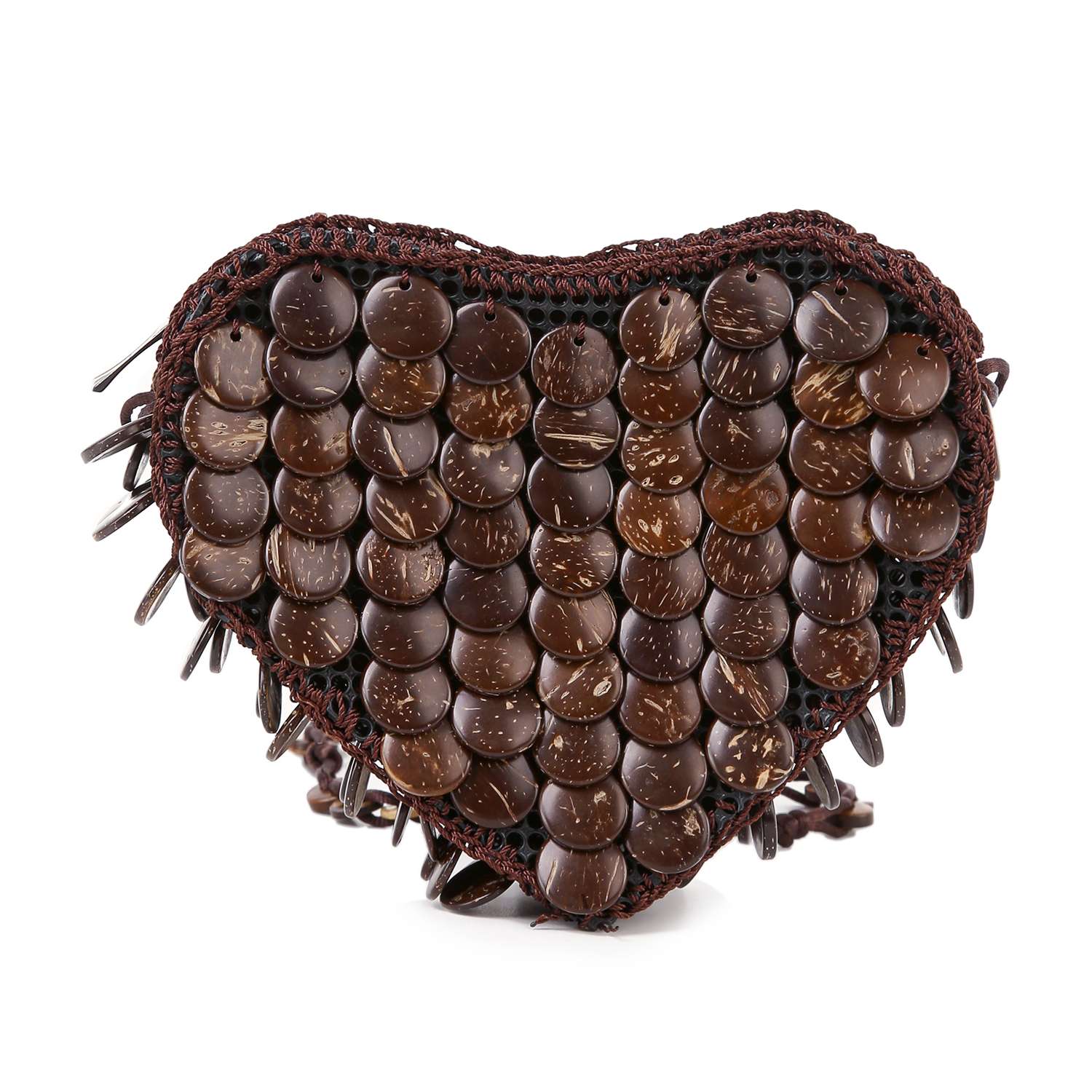 The Heart Design Decorative Evening Bag features a heart shape, shiny faux wooden discs, and dark brown woven edges for a textured, tropical boho-inspired look.