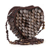 The Heart Design Decorative Evening Bag features a heart shape, crafted from faux wooden discs and brown woven fiber with a braided strap. Its textured, natural look and unique design make it perfect for any free-spirited style.