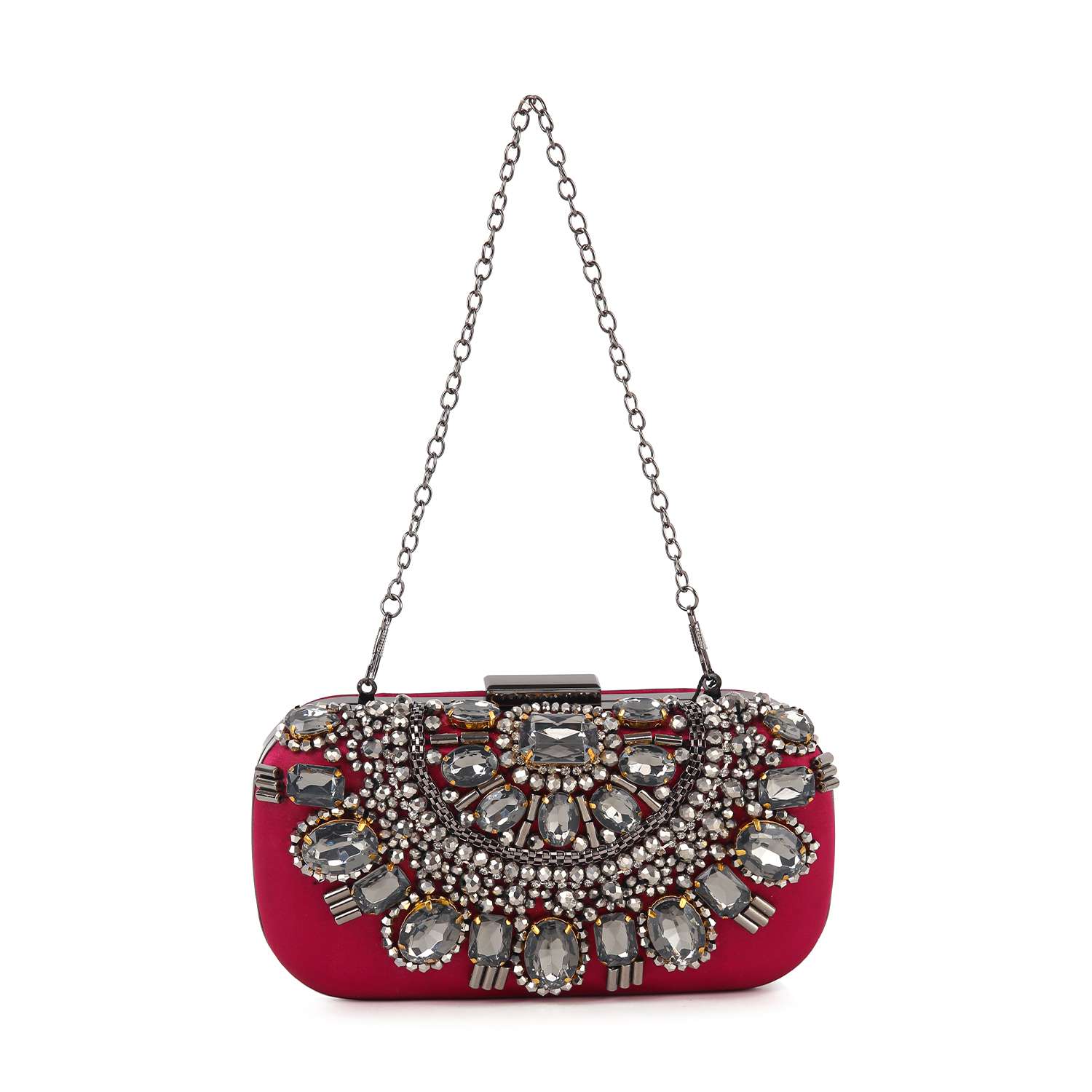 The Highly Decorative Retro Evening Bag is a small red purse featuring a decorative chain handle, large clear gemstones, and intricate silver beadwork in a retro front pattern.