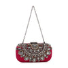 The Highly Decorative Retro Evening Bag is a small red purse featuring a decorative chain handle, large clear gemstones, and intricate silver beadwork in a retro front pattern.