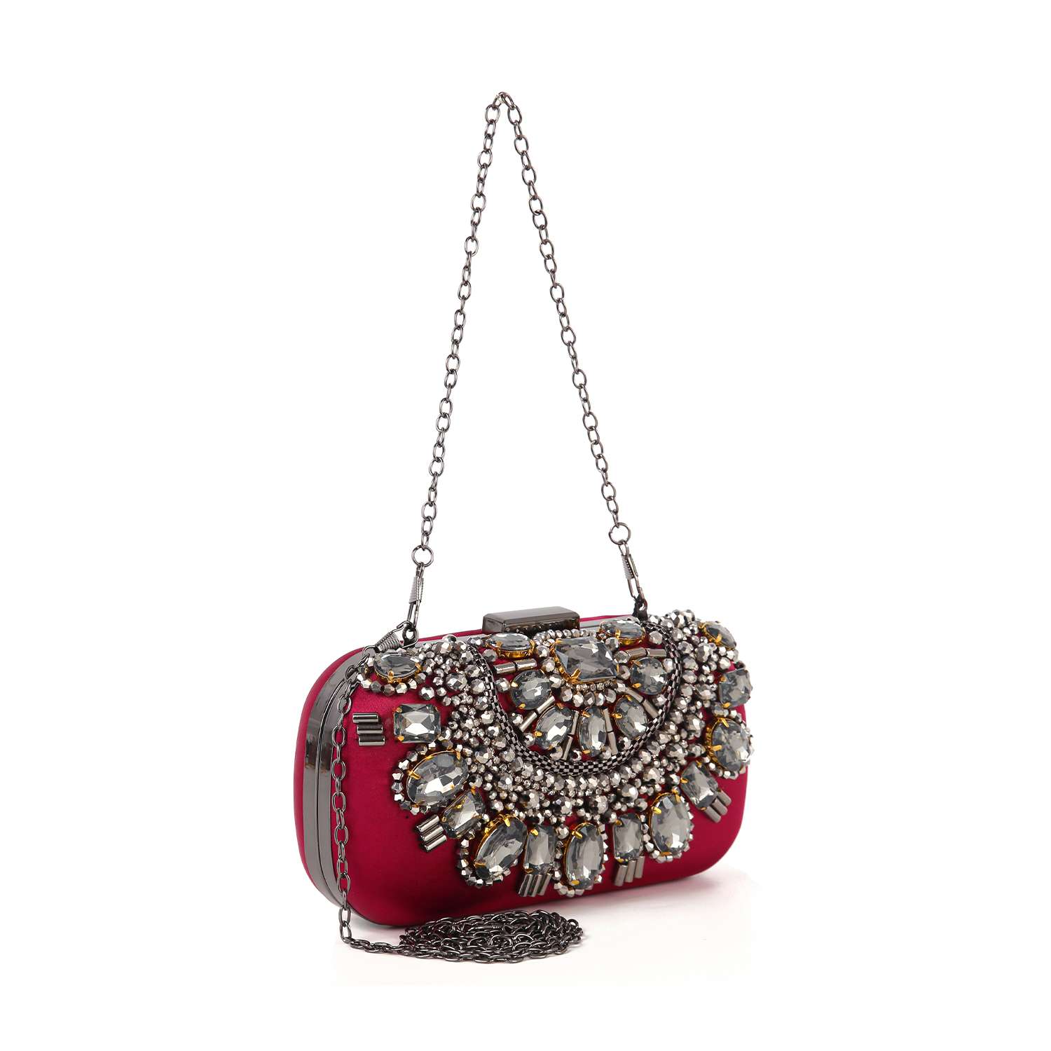 The Highly Decorative Retro Evening Bag is a small, elegant deep pink clutch with a long metal chain handle and ornate silver and crystal floral embellishments on the front.