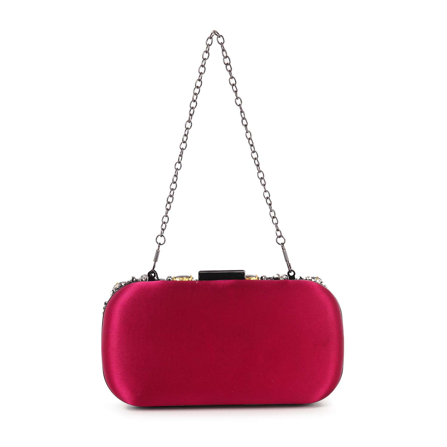 The Highly Decorative Retro Evening Bag is a small, rectangular red satin hard-shell clutch featuring an embellished clasp and a thin metal chain handle.