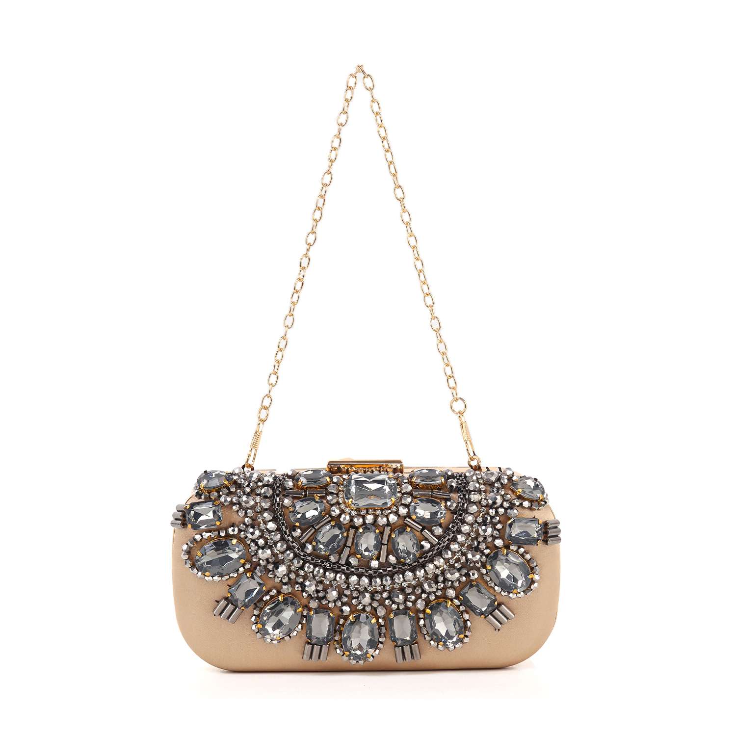 The Highly Decorative Retro Evening Bag is beige with a gold chain handle, featuring large oval and round gray gemstones and detailed beaded accents on the front.