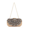 The Highly Decorative Retro Evening Bag is beige with a gold chain handle, featuring large oval and round gray gemstones and detailed beaded accents on the front.