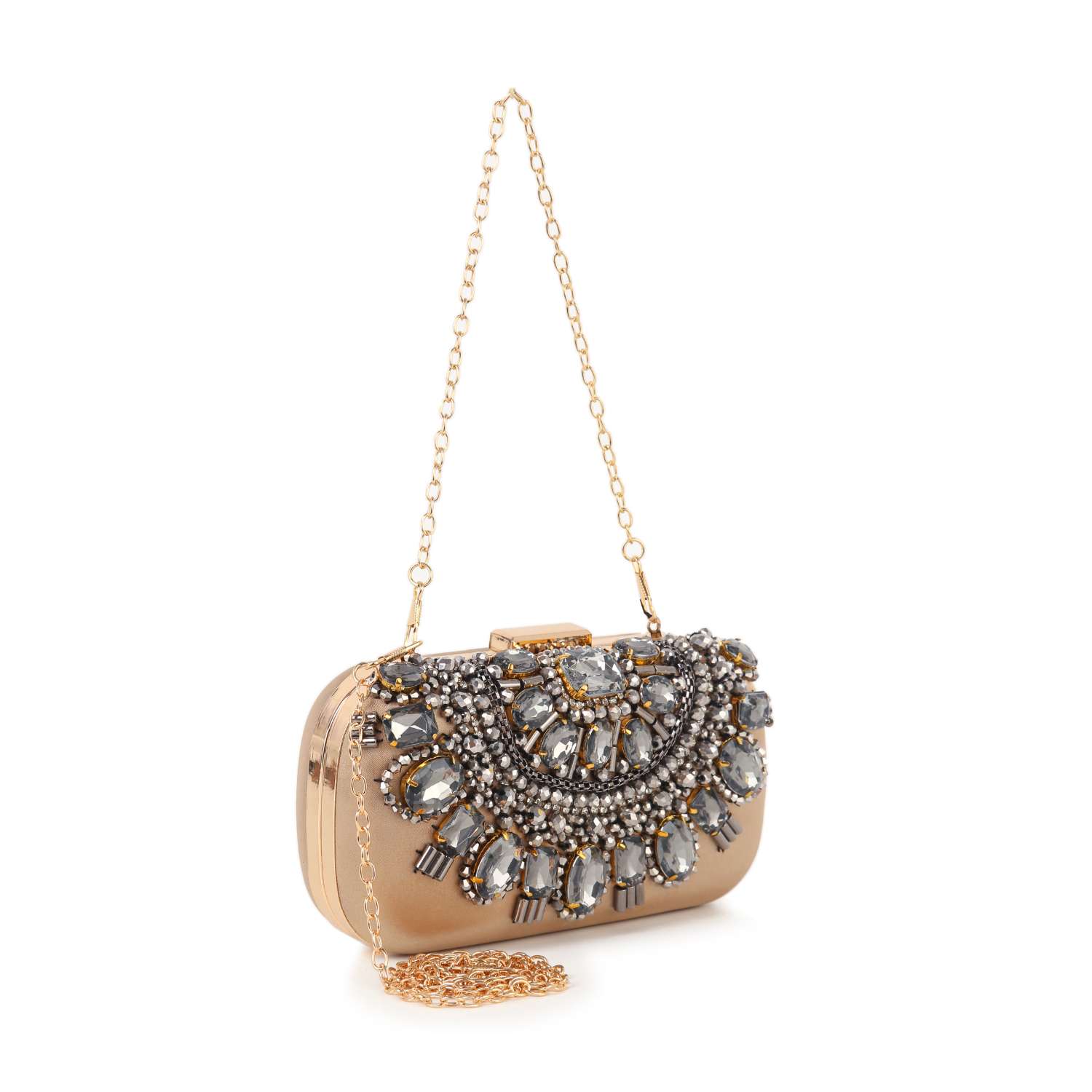The Highly Decorative Retro Evening Bag features a gold finish, long chain handle, and an ornate front design with large and small gray and clear gemstones in a retro pattern.