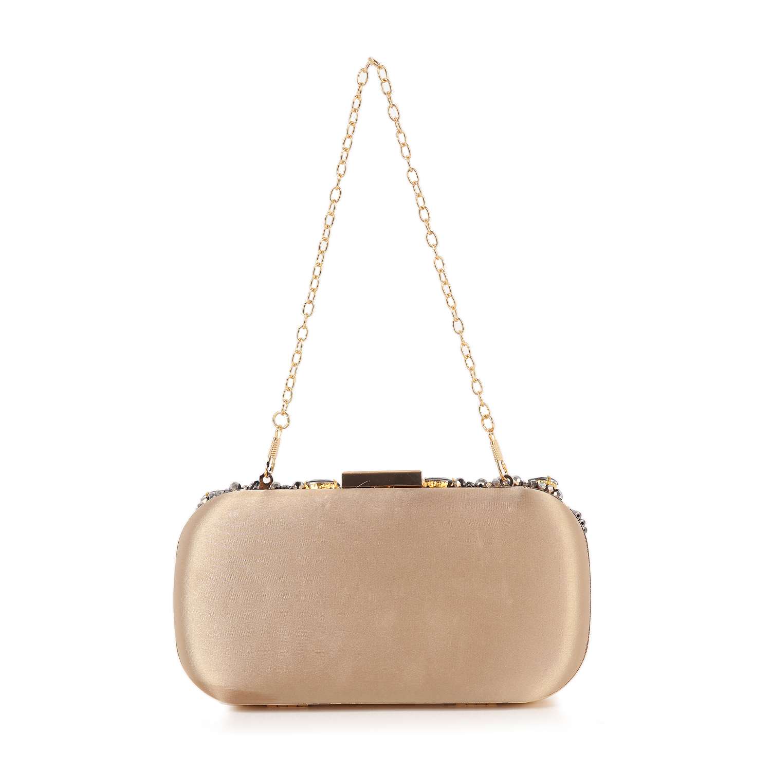 The Highly Decorative Retro Evening Bag is a gold, rectangular hard case clutch with a metallic sheen and delicate gold chain strap. Its simple, elegant design adds vintage charm to any night out.