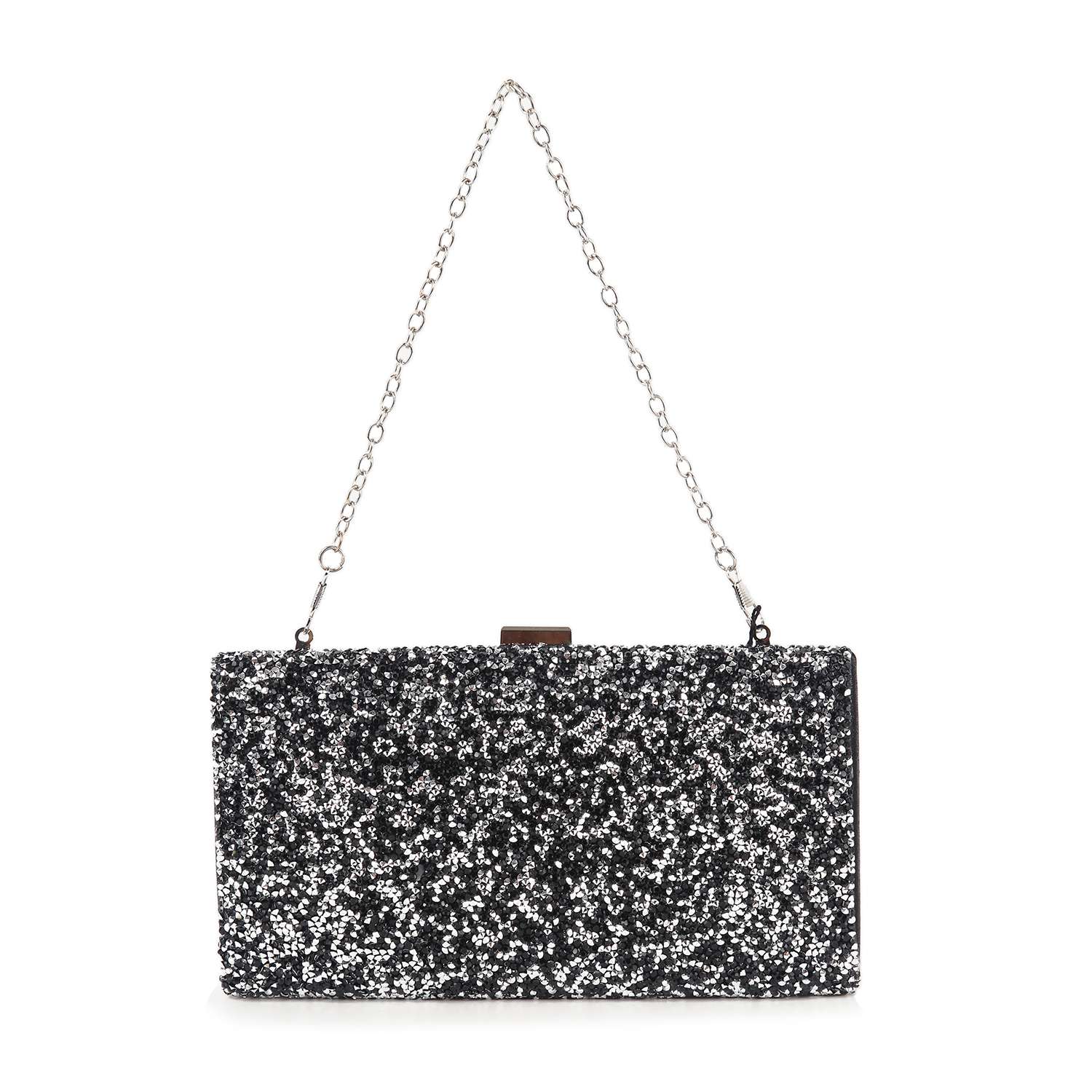 The Dazzling Cluster Stone Accented Evening Bag is a rectangular black clutch covered in sparkling silver sequins, featuring a thin detachable silver chain strap and metal clasp closure, shown against a white background.