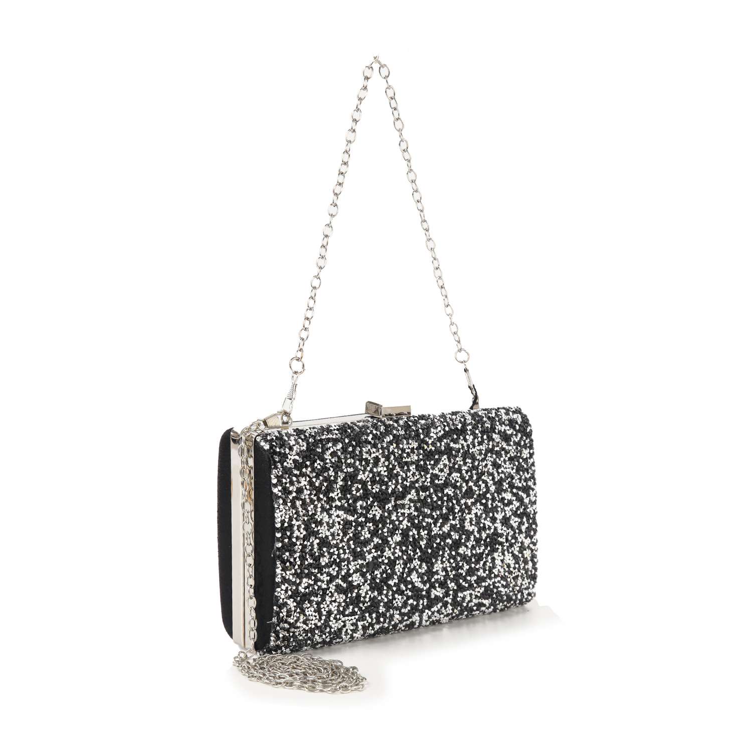 The Dazzling Cluster Stone Accented Evening Bag is a black frame clutch purse with silver sequins, a detachable silver chain strap, metal clasp, and faux leather material, shown on a white background.