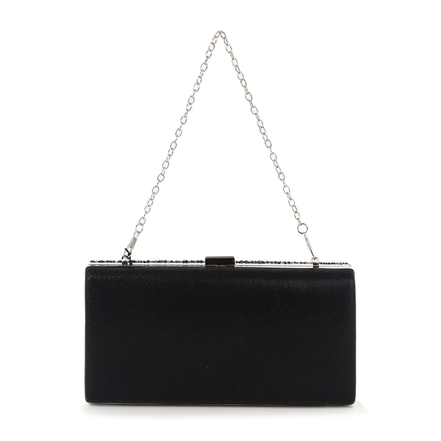 The Dazzling Cluster Stone Accented Evening Bag is a rectangular black faux leather clutch with a metal clasp, detachable silver chain strap, and is displayed against a plain white background.