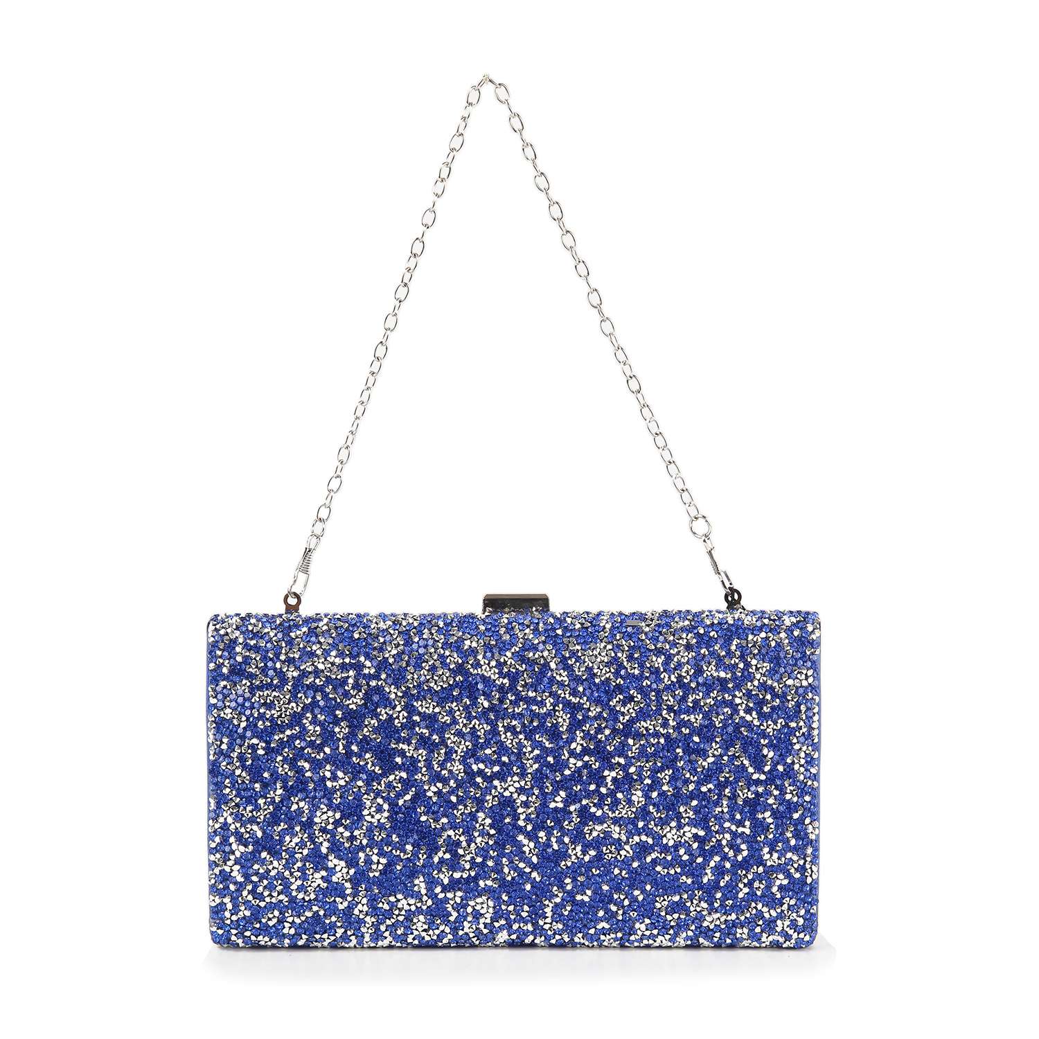 The Dazzling Cluster Stone Accented Evening Bag is a rectangular blue clutch purse with silver glitter, a silver metal chain strap, and clasp closure at the top. Made of faux leather for durability and style.