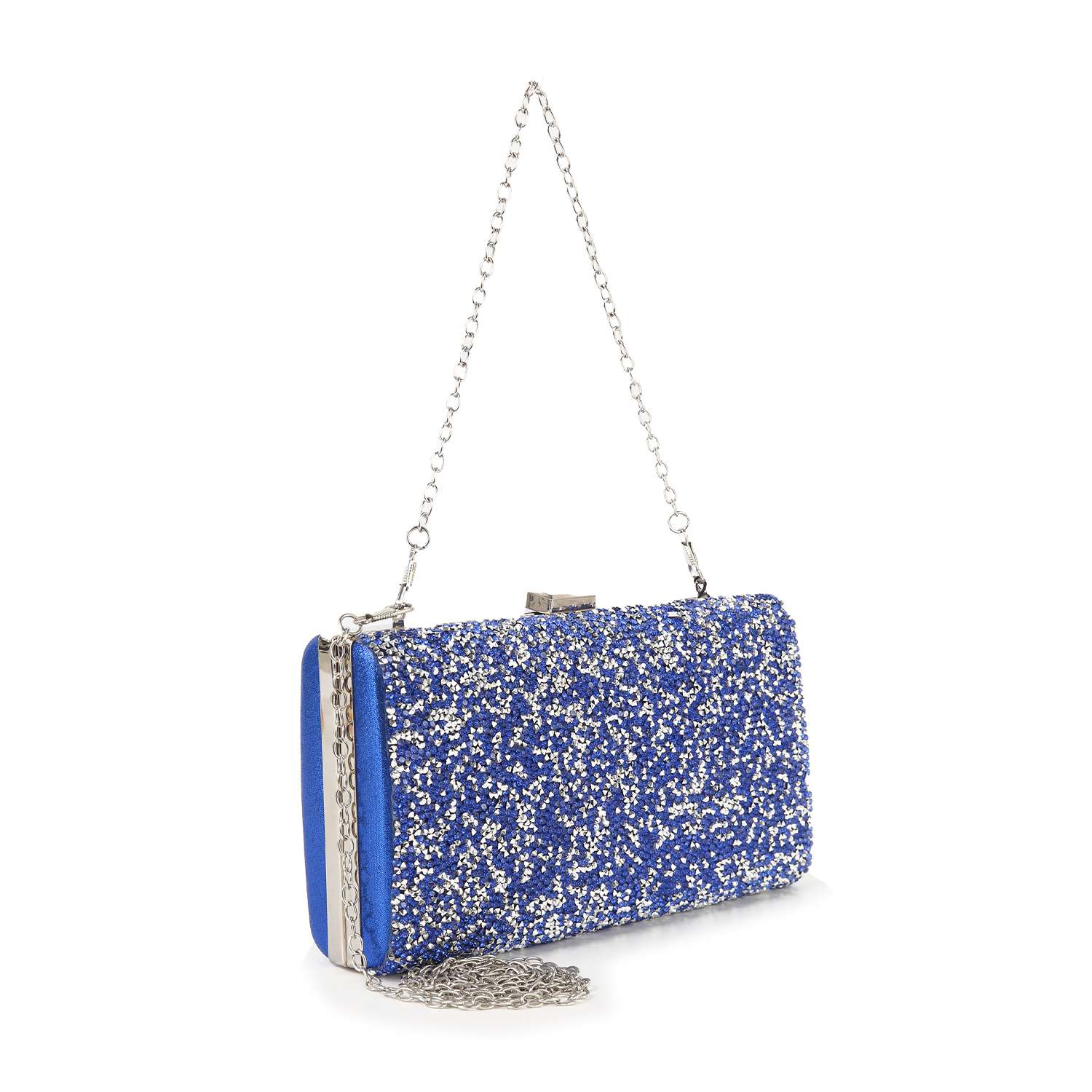 The Dazzling Cluster Stone Accented Evening Bag is a rectangular blue faux leather clutch with silver sequins, a metallic frame, and a detachable silver chain strap, shown against a white background.