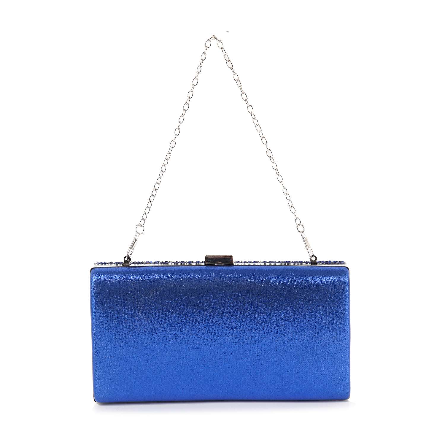 The Dazzling Cluster Stone Accented Evening Bag is a rectangular, metallic blue clutch in shiny faux leather with a thin silver chain handle and detachable strap, shown against a plain white background.