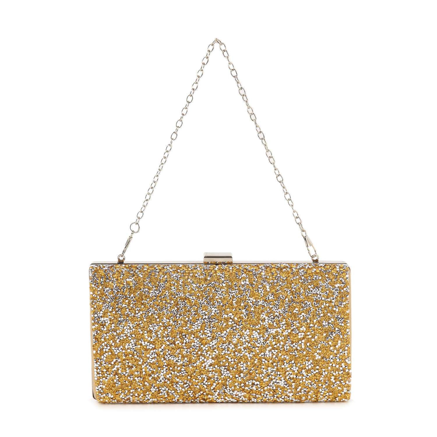 The Dazzling Cluster Stone Accented Evening Bag features a rectangular gold frame, sparkling glitter finish, thin metal chain strap, and a clasp closure. The detachable strap allows versatile styling for any occasion.