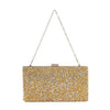 The Dazzling Cluster Stone Accented Evening Bag features a rectangular gold frame, sparkling glitter finish, thin metal chain strap, and a clasp closure. The detachable strap allows versatile styling for any occasion.