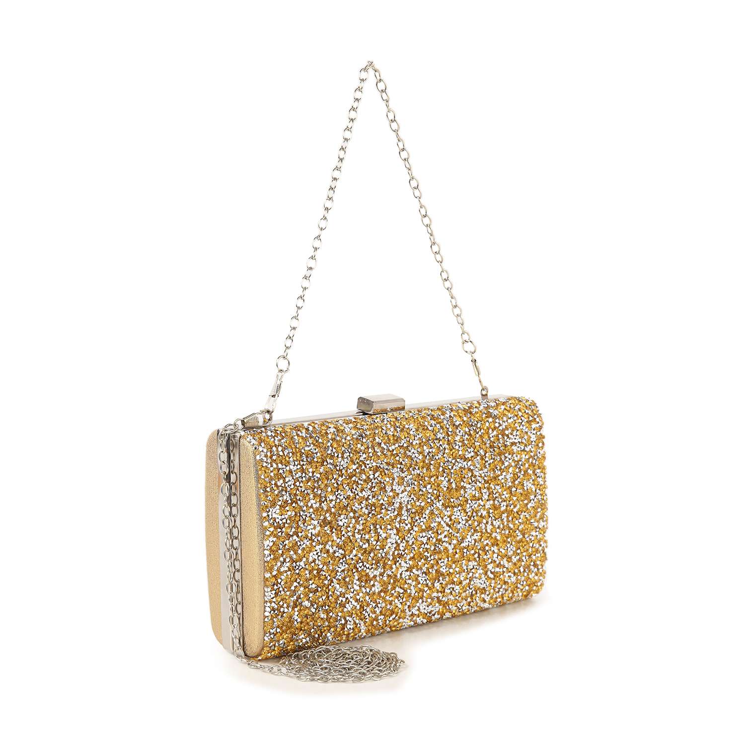 The Dazzling Cluster Stone Accented Evening Bag is a small rectangular clutch in gold and silver glitter, crafted from luxe faux leather with a detachable silver chain strap and clasp closure, shown against a white background.