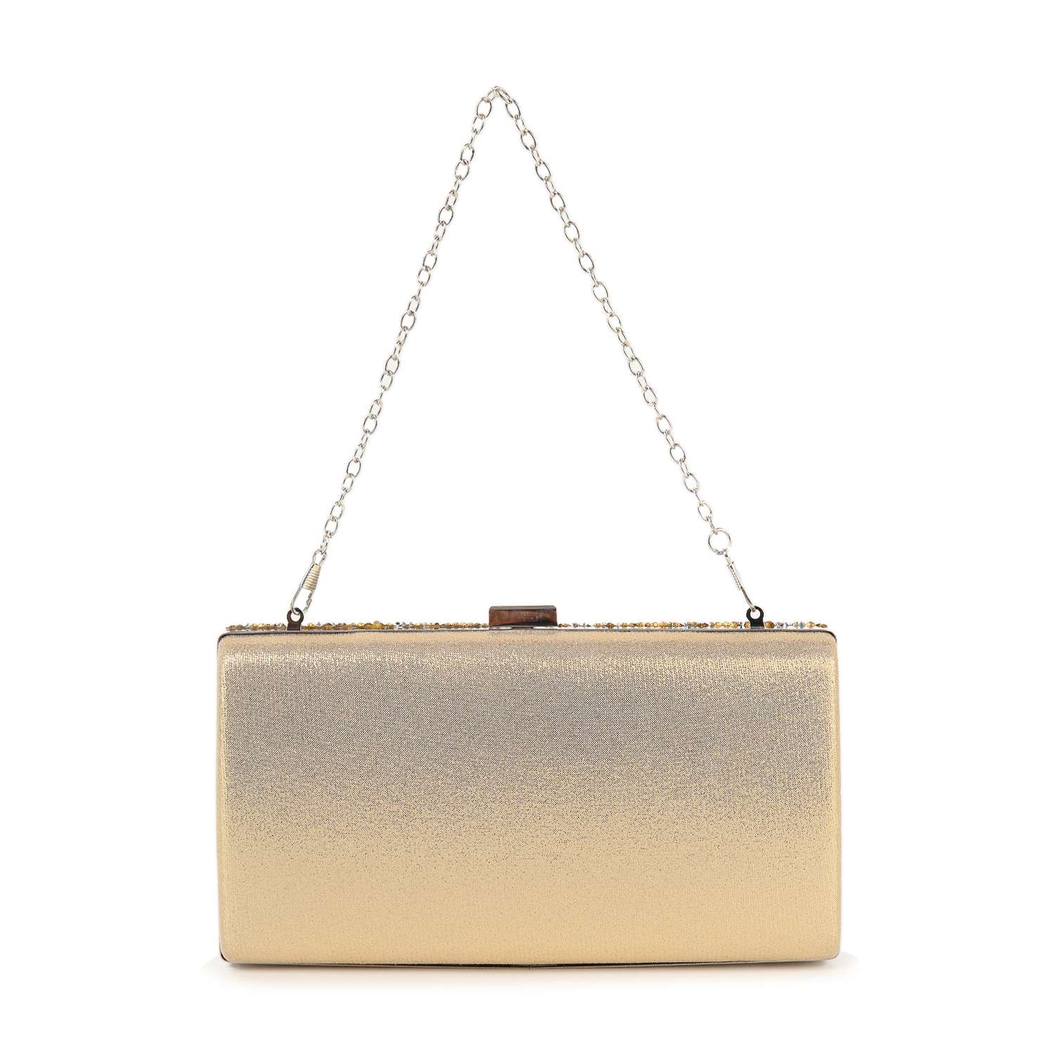 The Dazzling Cluster Stone Accented Evening Bag is a rectangular clutch with a gold metallic frame, faux leather exterior, thin silver detachable strap, and clasp closure, shown against a plain white background.