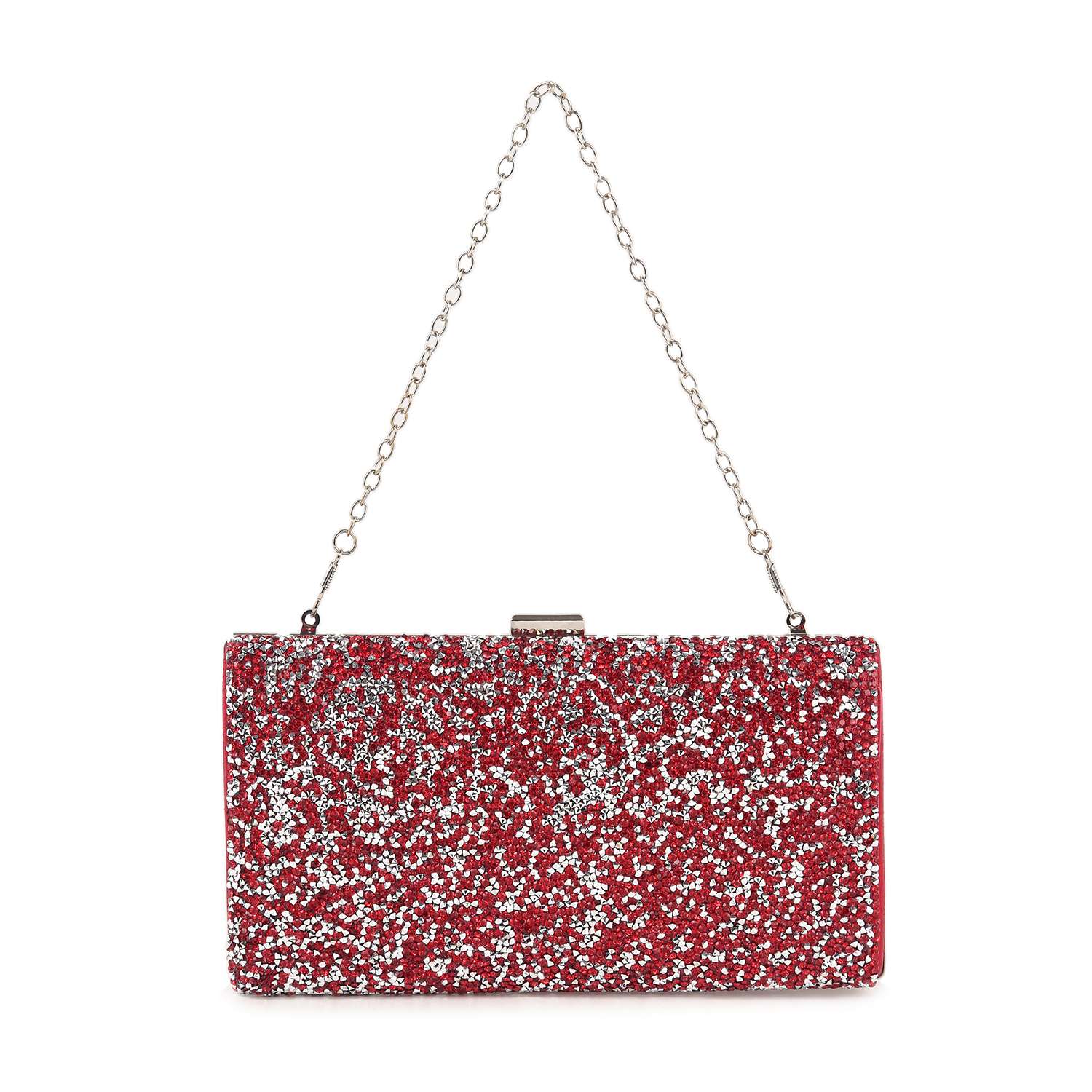 The Dazzling Cluster Stone Accented Evening Bag is a rectangular clutch with red and silver glitter, a silver chain strap, and a metallic clasp. Made from faux leather for durability and style.