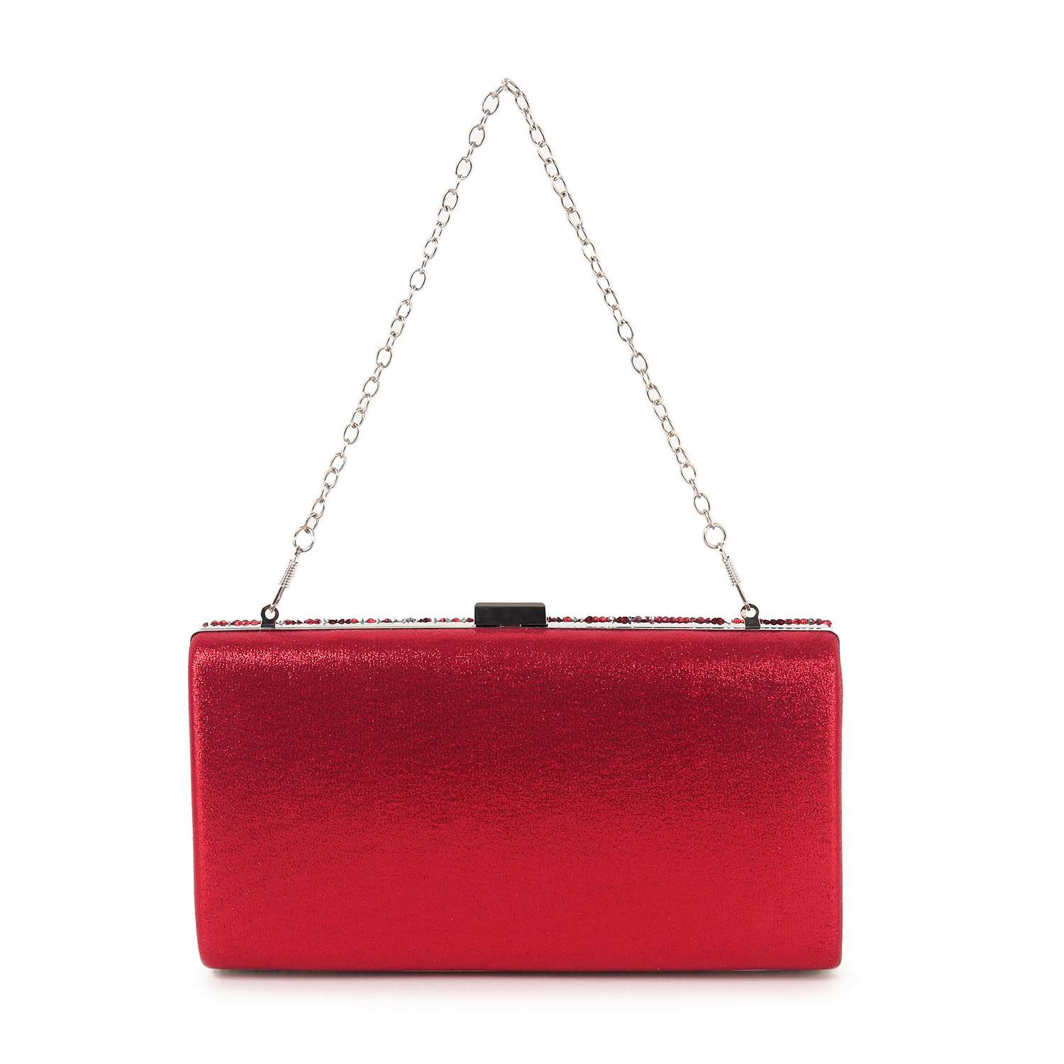 The Dazzling Cluster Stone Accented Evening Bag is a red rectangular frame clutch with a shimmering faux leather finish and silver chain handle, shown on a plain white background.