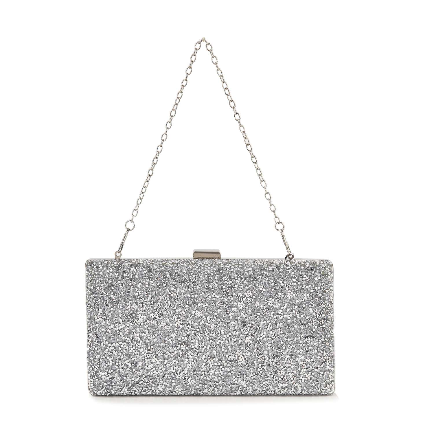 The Dazzling Cluster Stone Accented Evening Bag is a rectangular silver glitter clutch with a metal chain and clasp closure, made from faux leather and shown against a plain white background.
