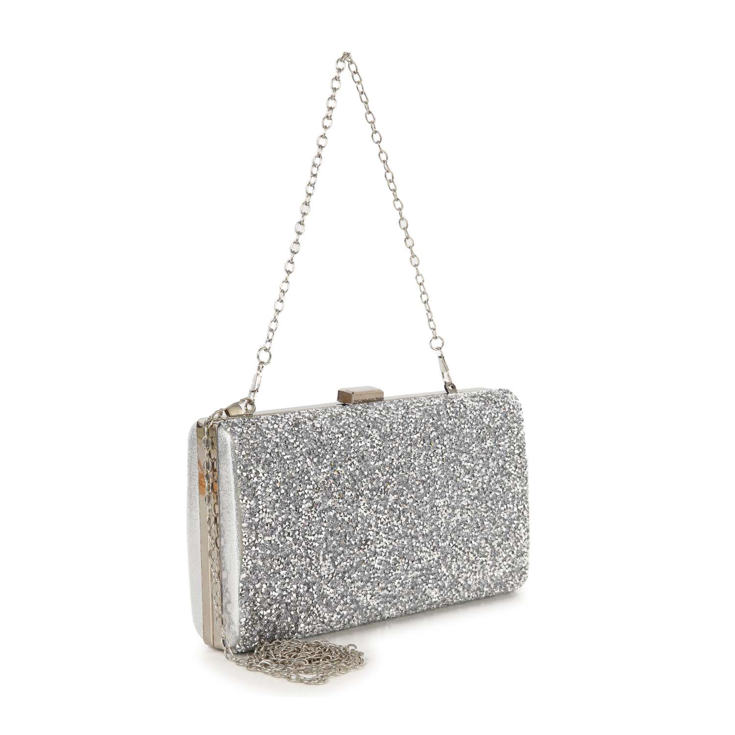 The Dazzling Cluster Stone Accented Evening Bag is a rectangular silver clutch purse with glitter, a silver chain, and clasp closure, shown upright on a white background.