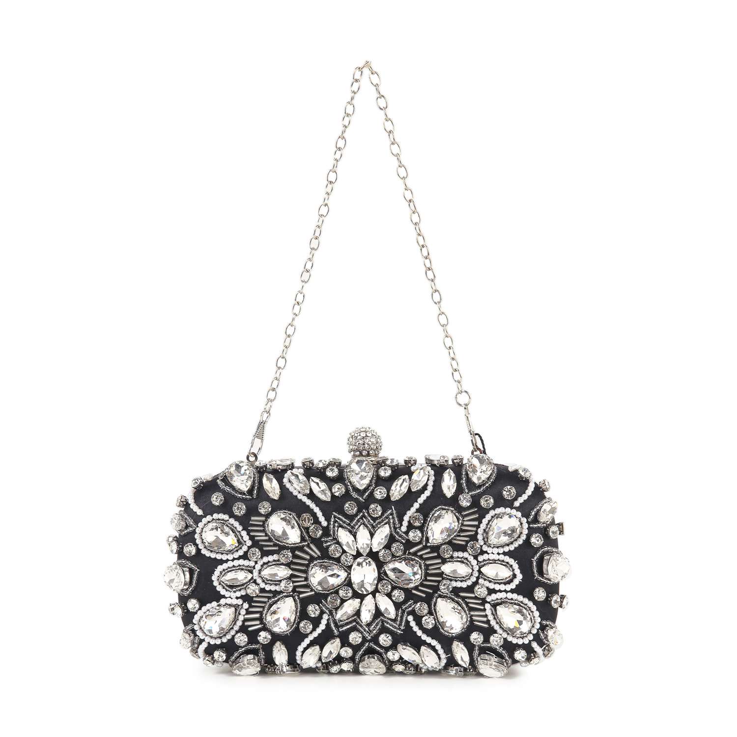 The Highly Decorative Retro Evening Bag is a small black evening bag with intricate silver and clear gemstone floral embellishments, a jeweled clasp, and a chain handle.