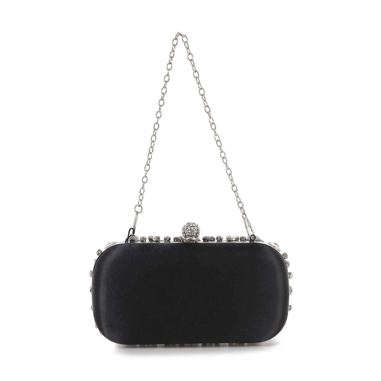The Highly Decorative Retro Evening Bag is a small black evening bag with a silver chain handle, decorative clasp, and silver studs on the edges, shown against a white background.