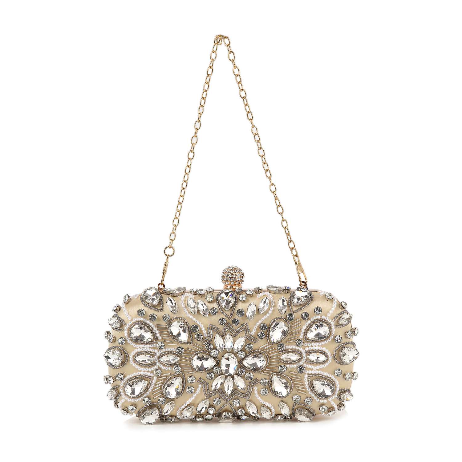 The Highly Decorative Retro Evening Bag is a small rectangular clutch with a gold chain handle, featuring intricate silver and clear gemstone embellishments in a symmetrical floral pattern.